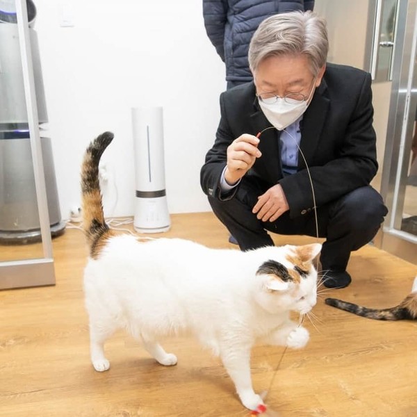 더불어민주당 이재명 대선 후보가 경기지사 재임 당시 경기 파주 카라 더봄셈터에 방문한 모습. [페이스북 캡처]