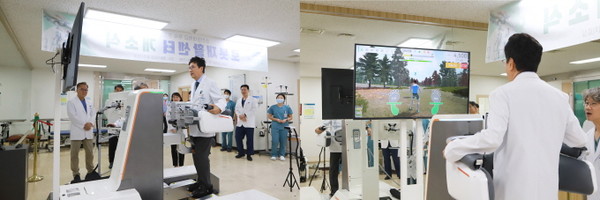 지난 30일 ‘순천향대 부천병원 로봇재활센터 개소식’에서 서교일 학교법인 동은학원 이사장이 엔드이펙터형 보행재활로봇 ‘모닝워크’를 시연하고 있다.[순천향대 부천병원 제공]